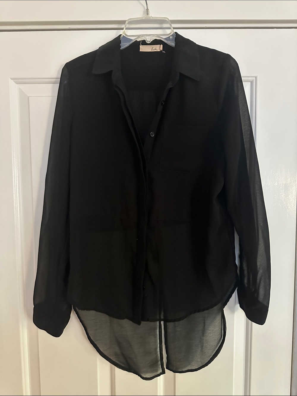 Lush Black Sheer Button-Down Blouse